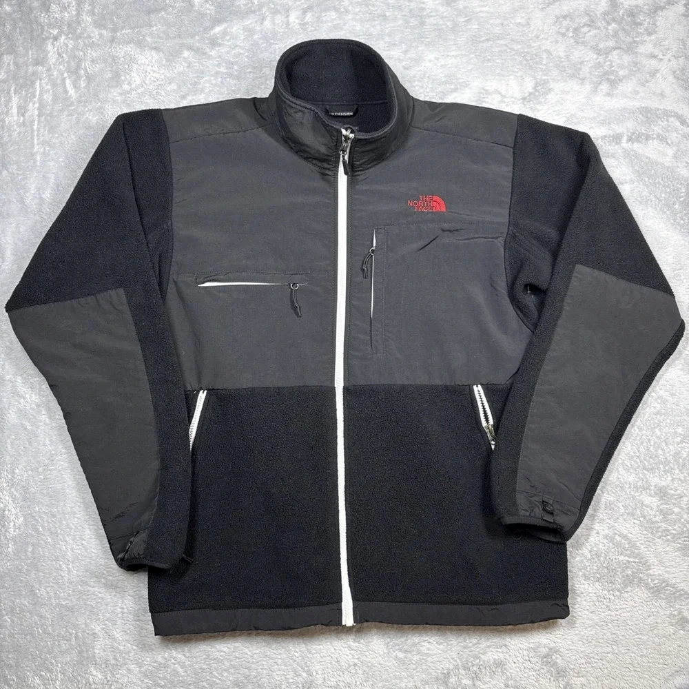 The North Face Denali Jacket Men Large Black Contrast Zipper Red Logo